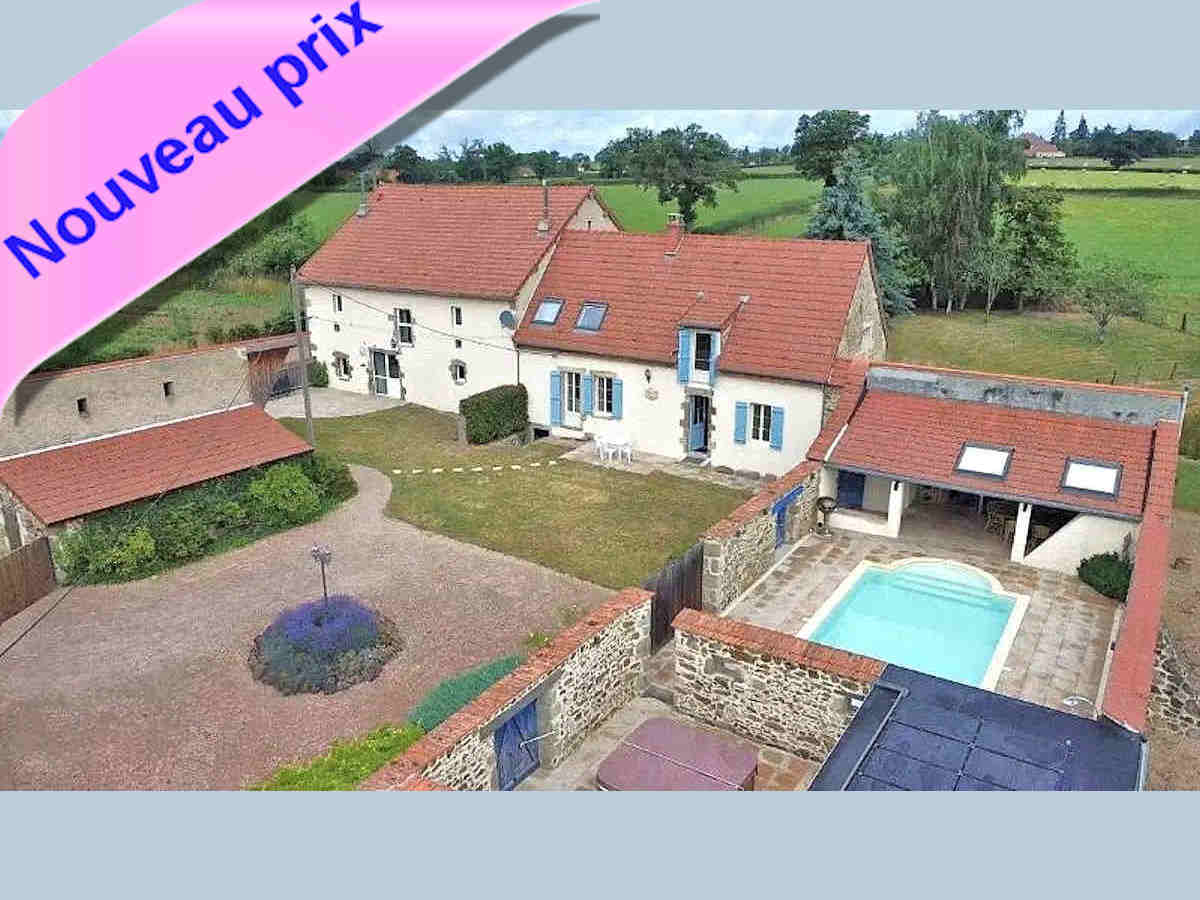 Propriété 3 habitations vendre en Combrailles: maison, 2 gîtes 3 étoiles; 3700 m² de parc: piscine, jardins, cuisine d’été, sauna, jacuzzi, terrasses, garages